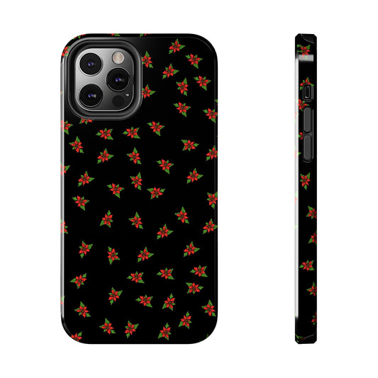 Black phone case with red and green poinsettia pattern, shown from back and side views.