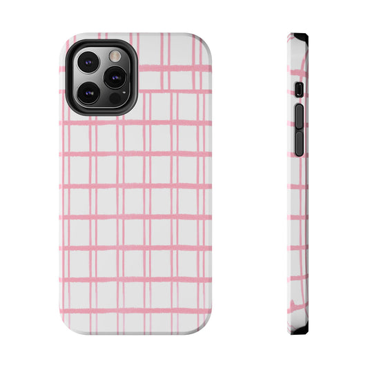 Phone case with pink grid pattern on white background, shown from front and side views.