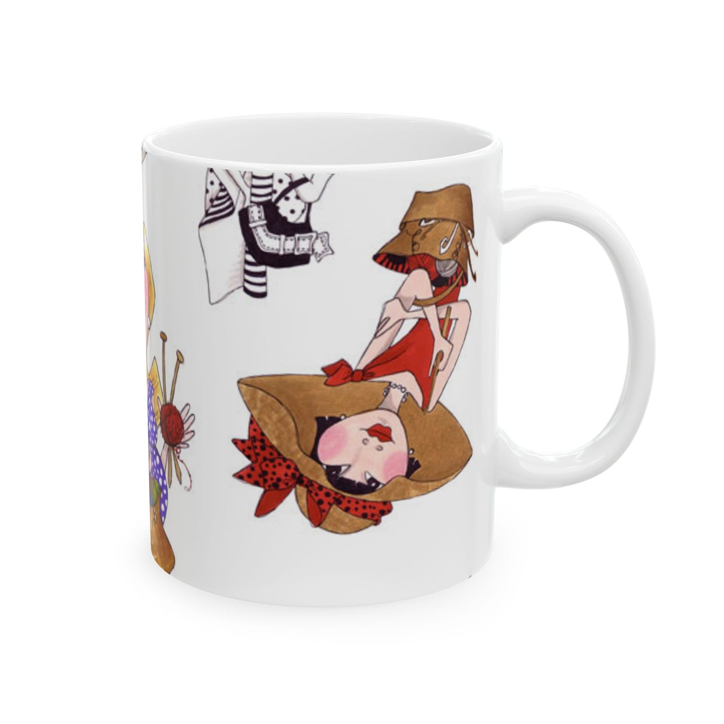 White mug with artistic illustrations of women in hats and colorful patterns.