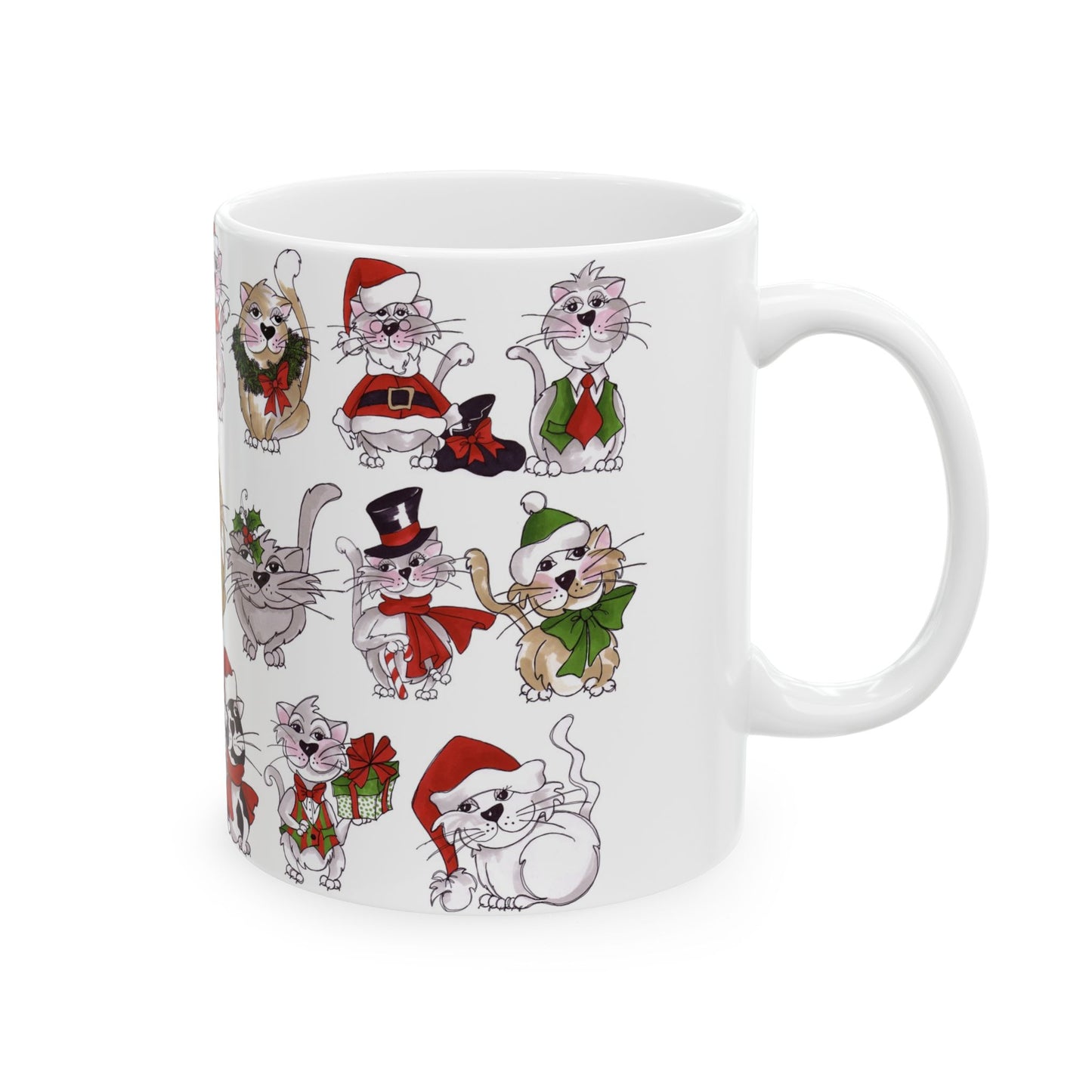 White mug with festive cartoon cats in holiday attire, featuring Santa hats and scarves.