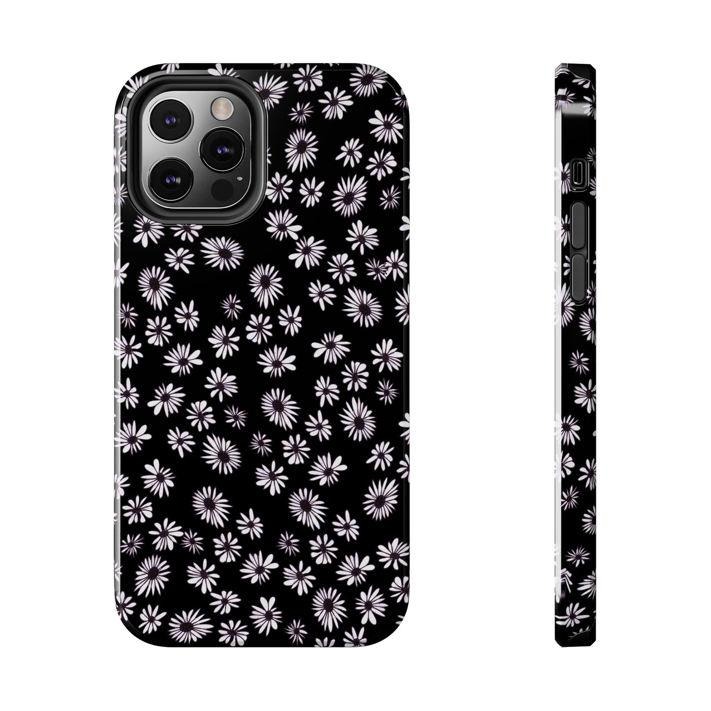 Black phone case with white daisy pattern, showing back and side views.