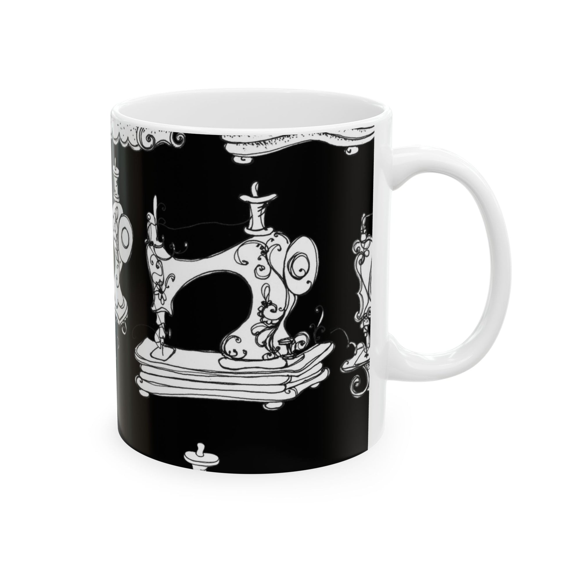White mug with black background, features ornate white sewing machine illustrations.
