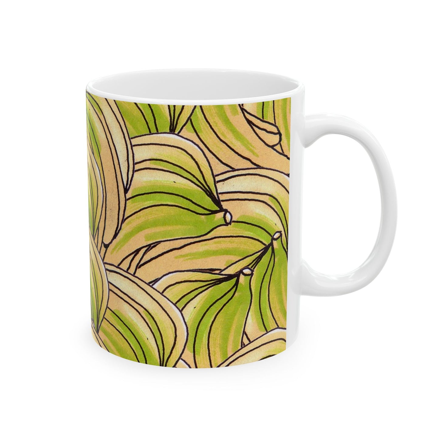 White mug with green and tan abstract leaf pattern covering the surface.
