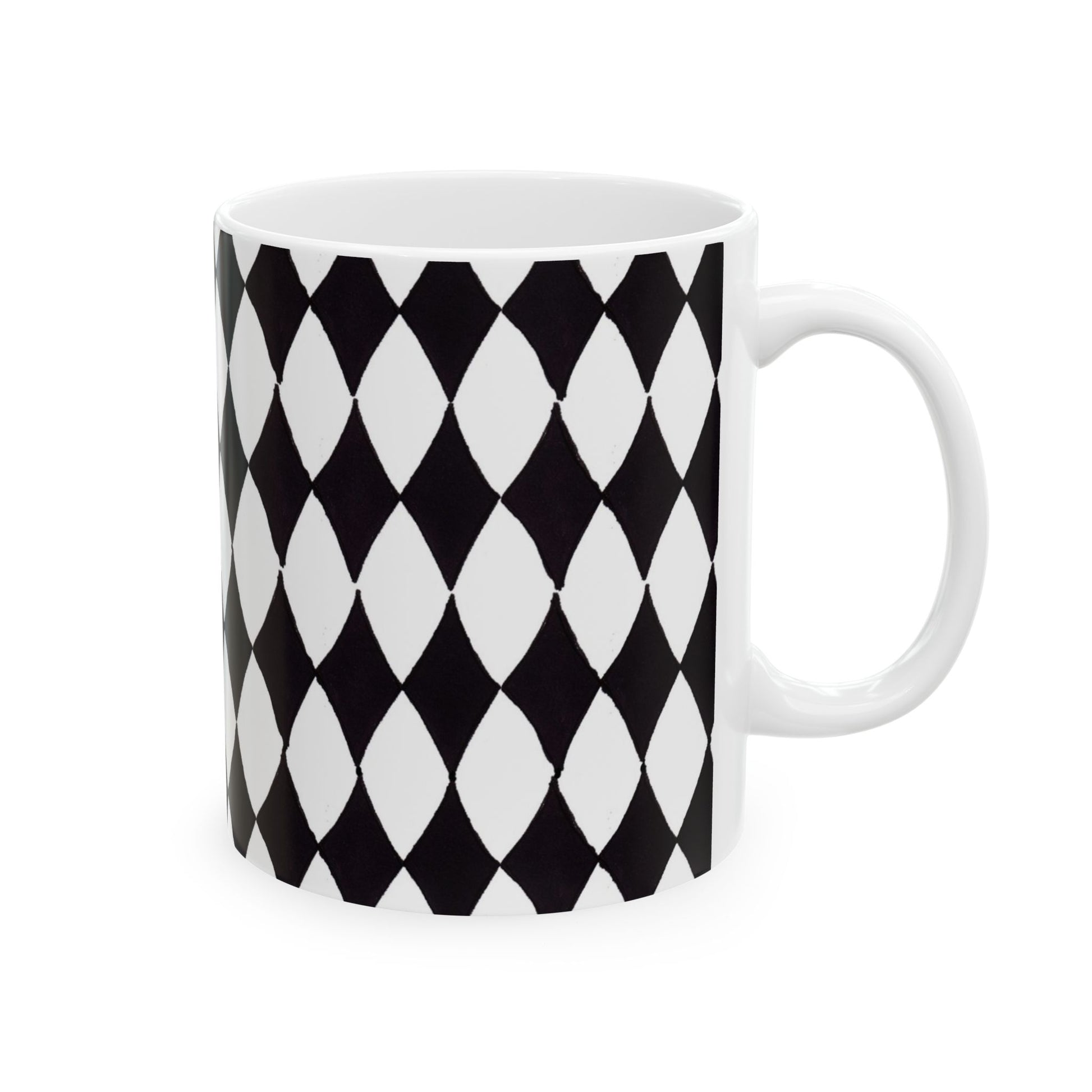 White mug with black and white diamond pattern, featuring a smooth handle on the right side.