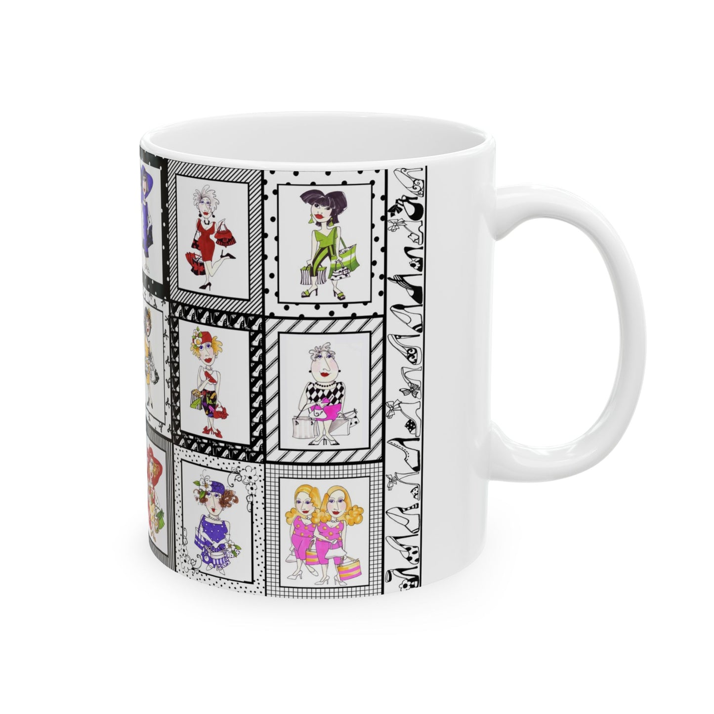 White mug with colorful cartoon women in fashion outfits framed in black and white patterns.
