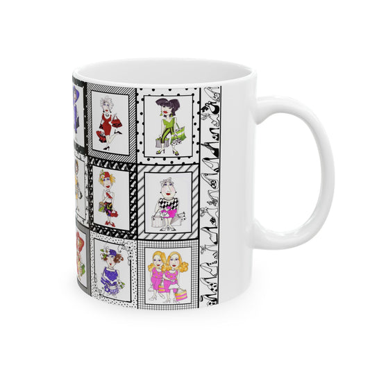 White mug with colorful cartoon women in fashion outfits framed in black and white patterns.