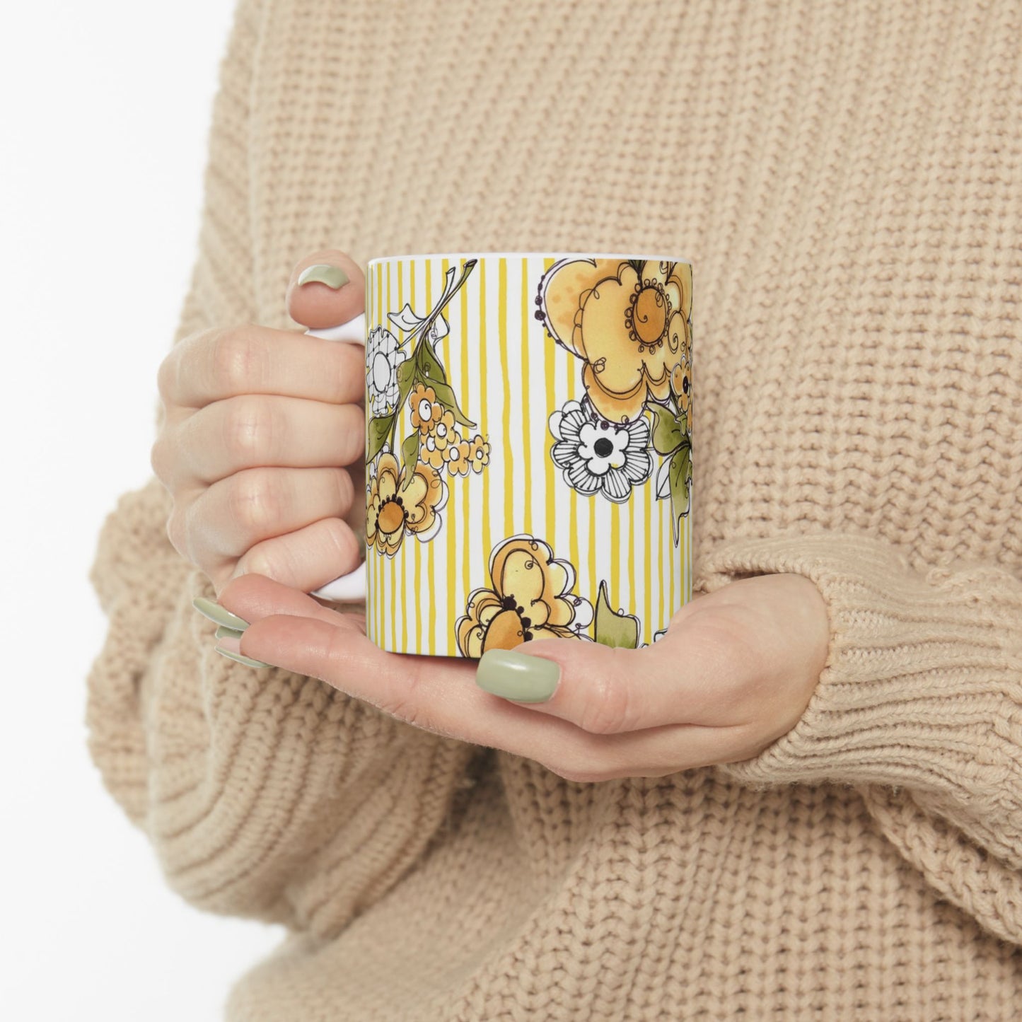 Bee Floral Stripe White / Yellow Cup