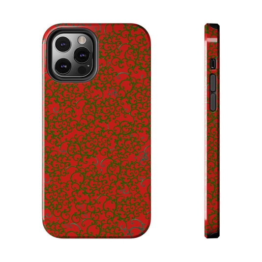 Red phone case with intricate green swirling pattern, shown from back and side views.
