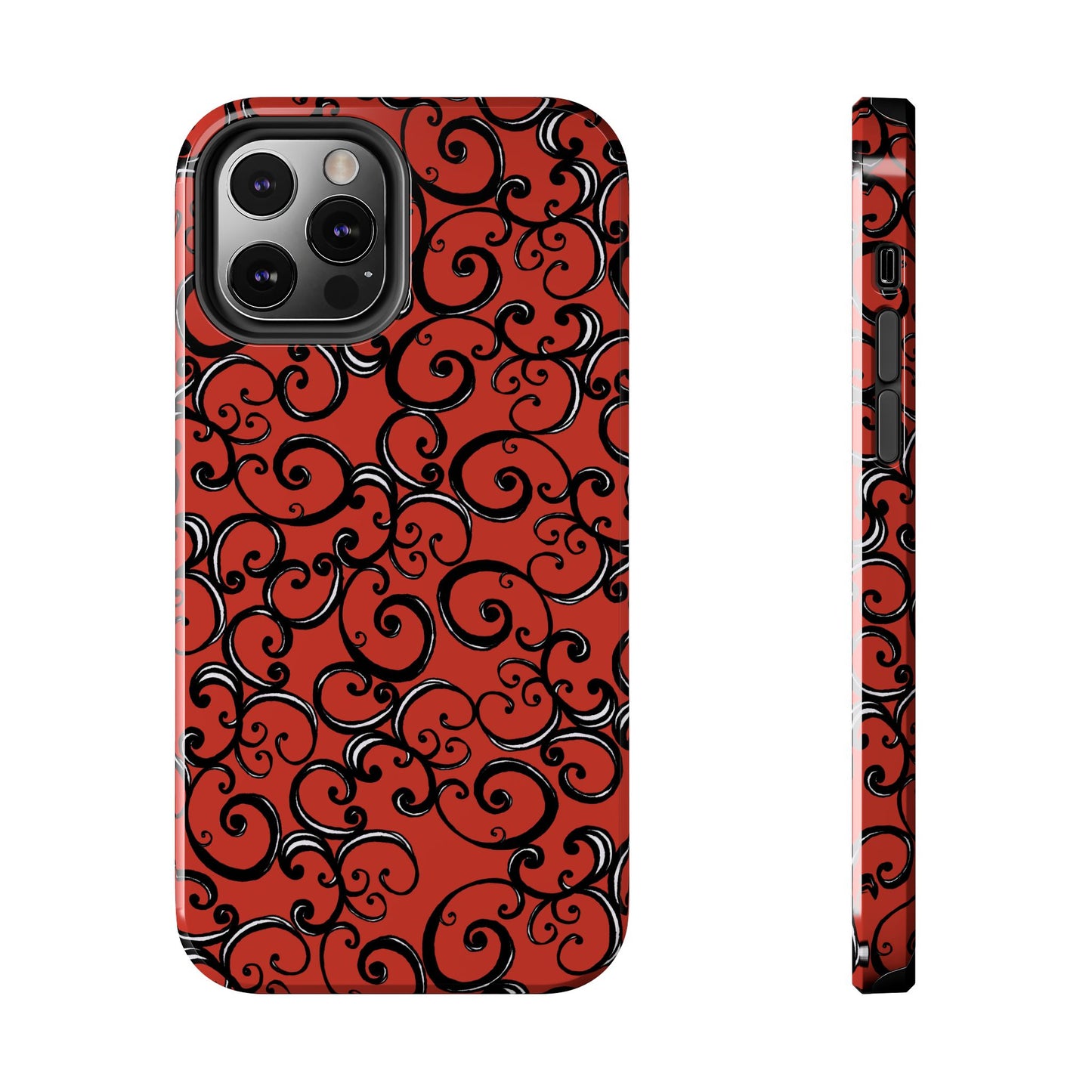 Red phone case with black swirling patterns and a visible camera cutout. Side view included.