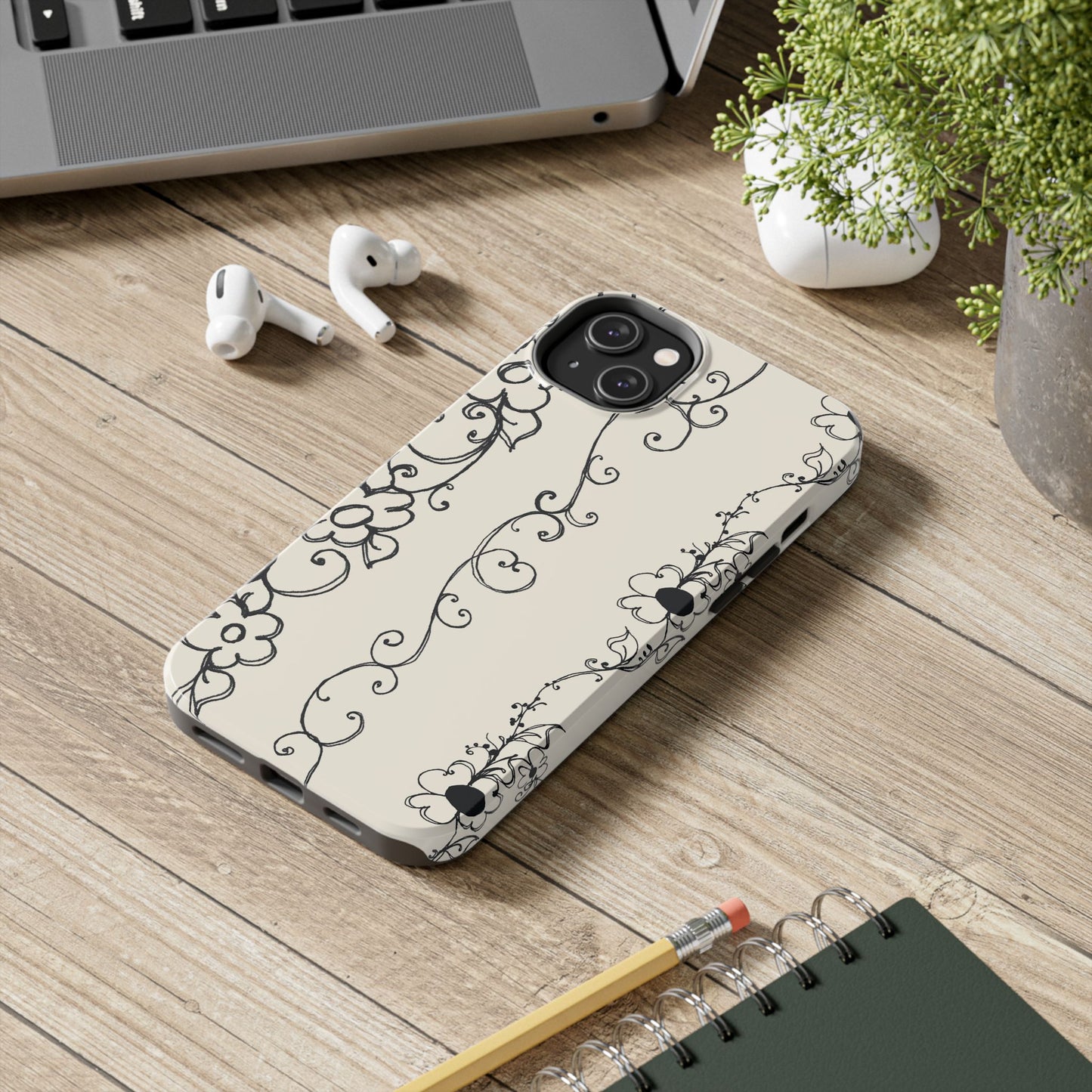 Scroll Flower Stripe Muslin / Black Phone Case