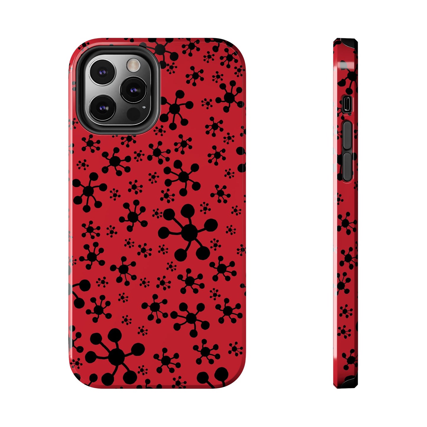 Red phone case with black abstract molecule pattern, showing front and side view.