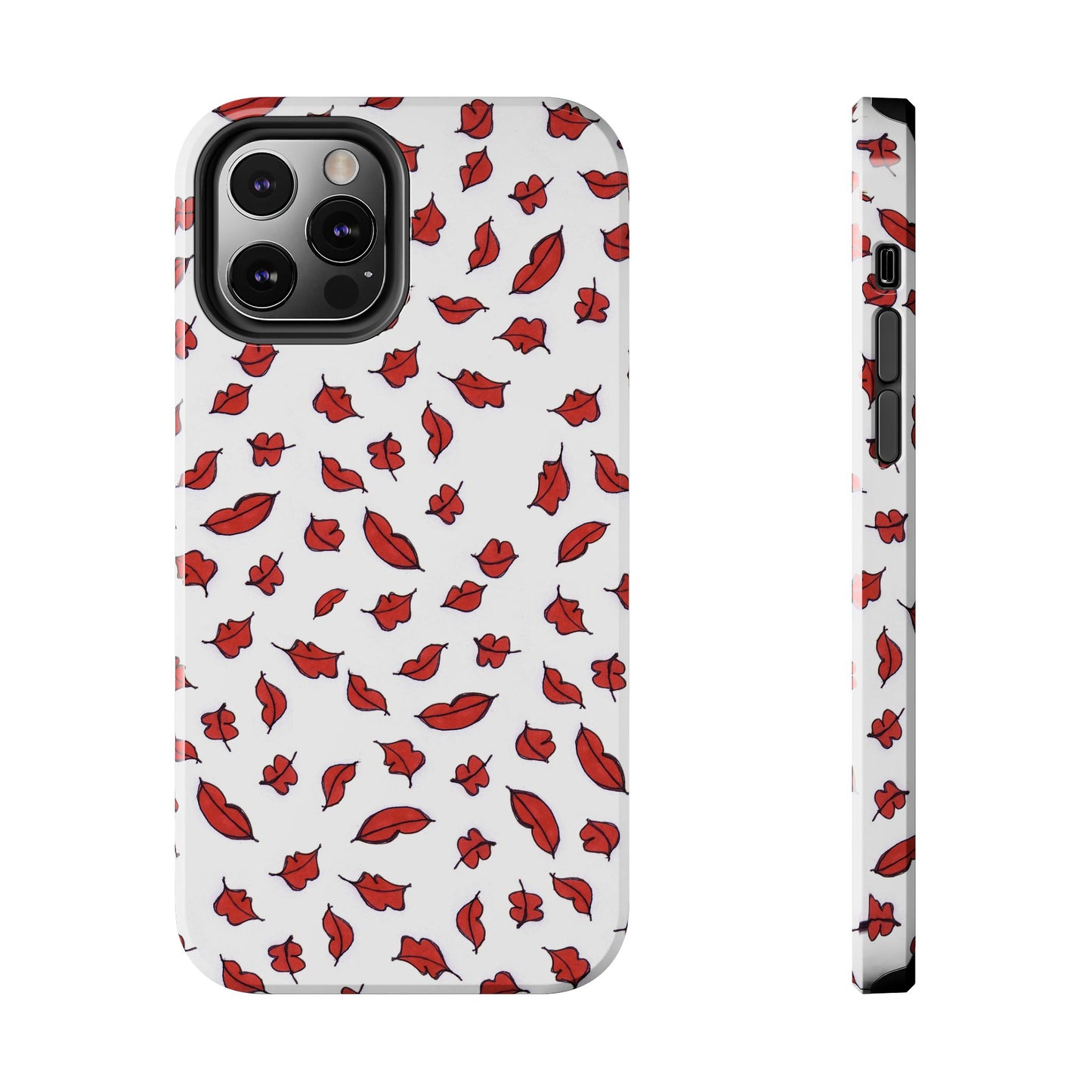 White phone case with red lips and floral pattern, black accents around the camera and buttons.