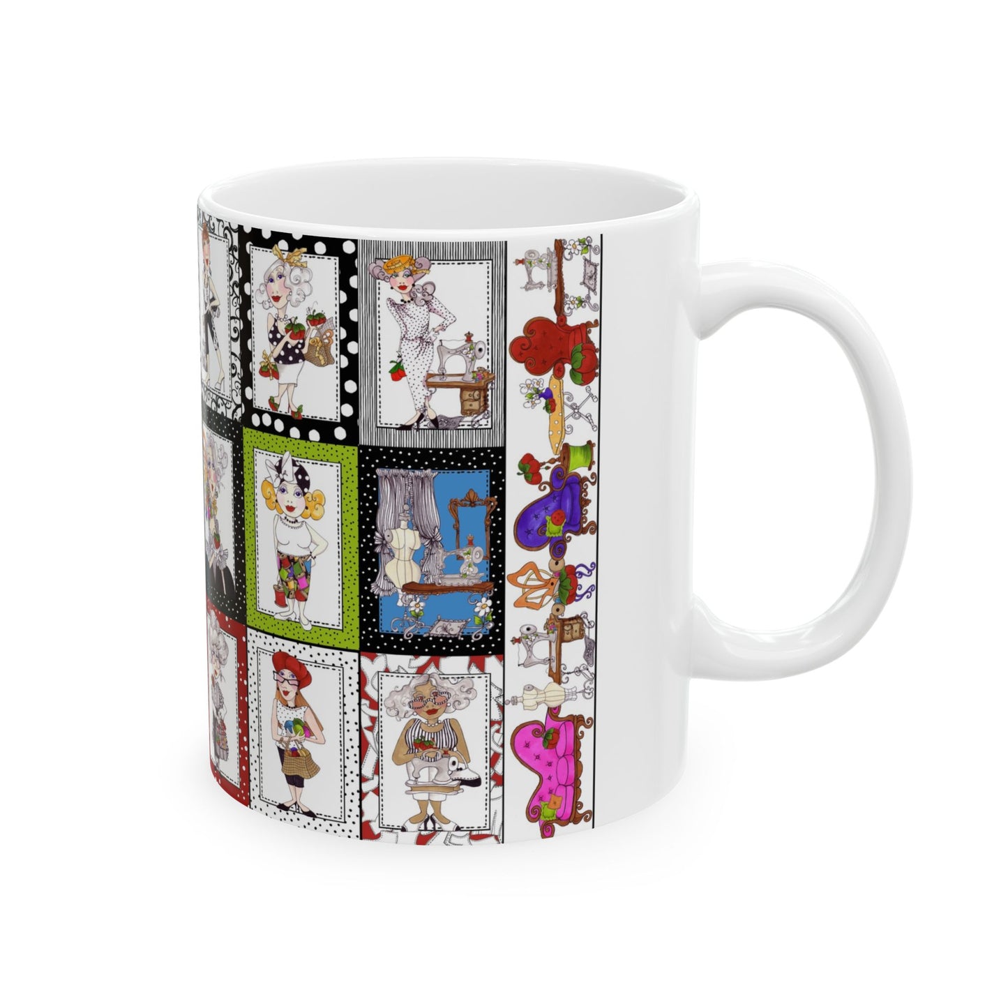 White mug with colorful cartoon panels of quirky characters and patterns in various frames.