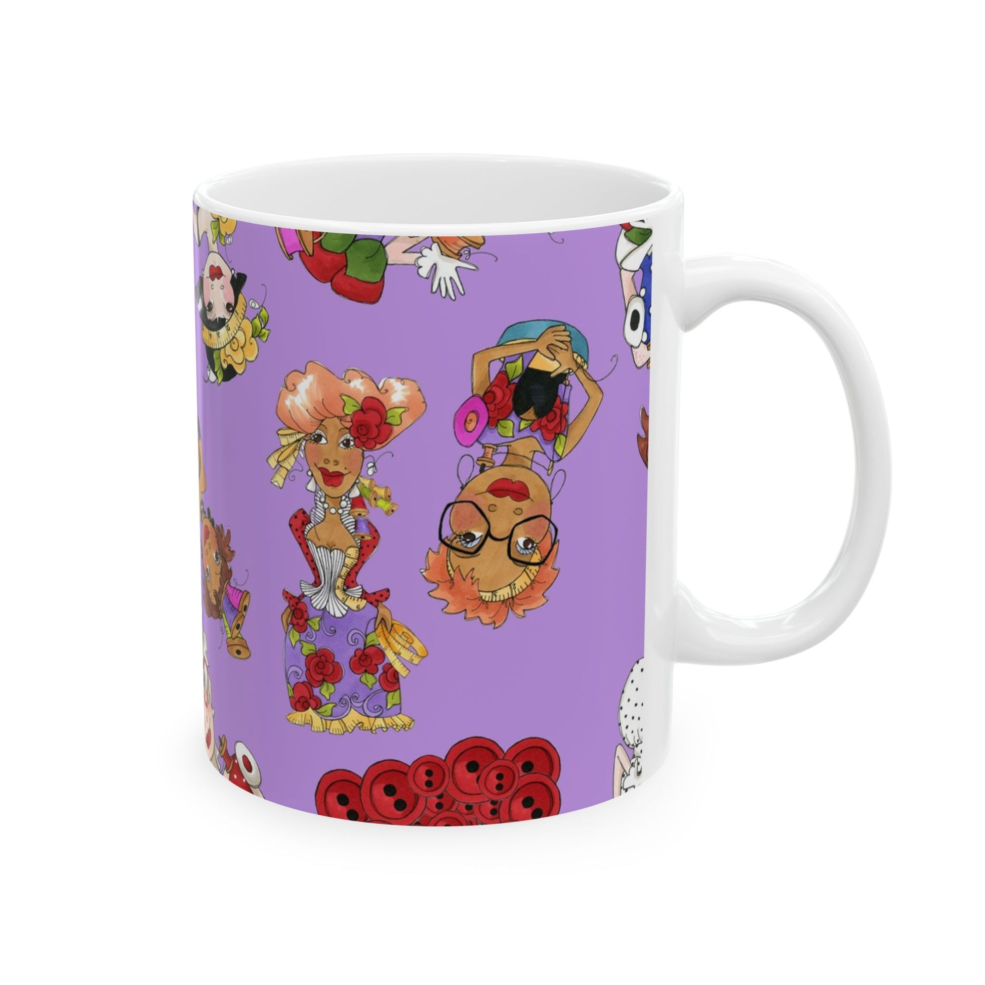White mug with colorful cartoon characters on a purple background.