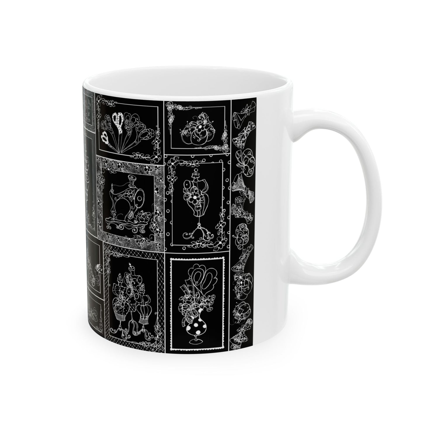 White mug with intricate black and white floral and vintage sewing-themed designs.