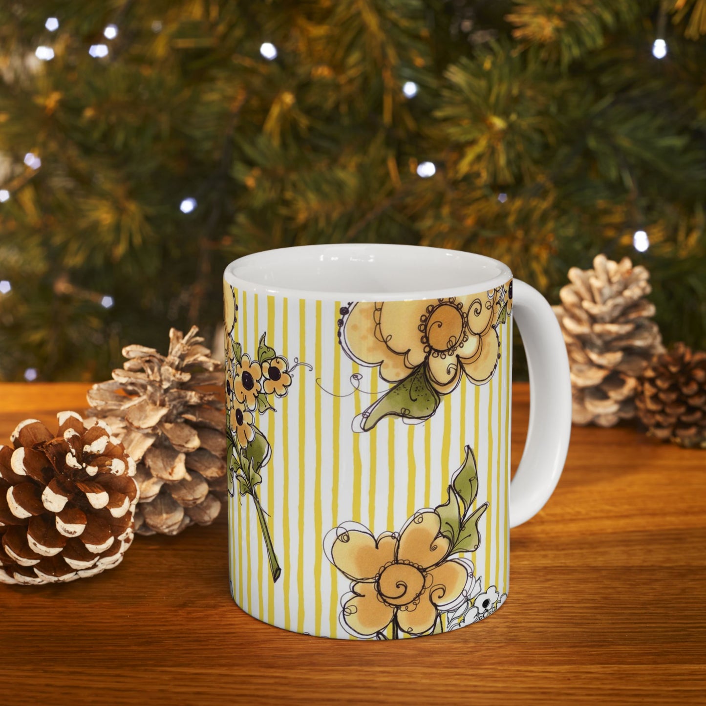 Bee Floral Stripe White / Yellow Cup