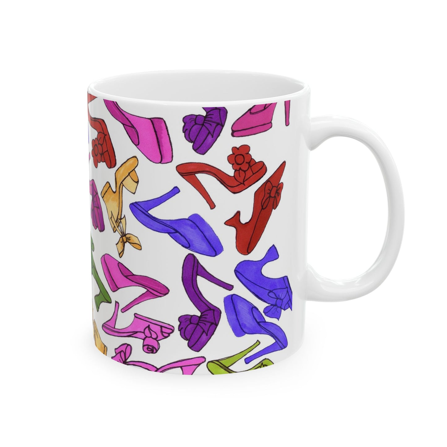 White mug with colorful high heel shoe patterns in red, pink, purple, blue, and green.