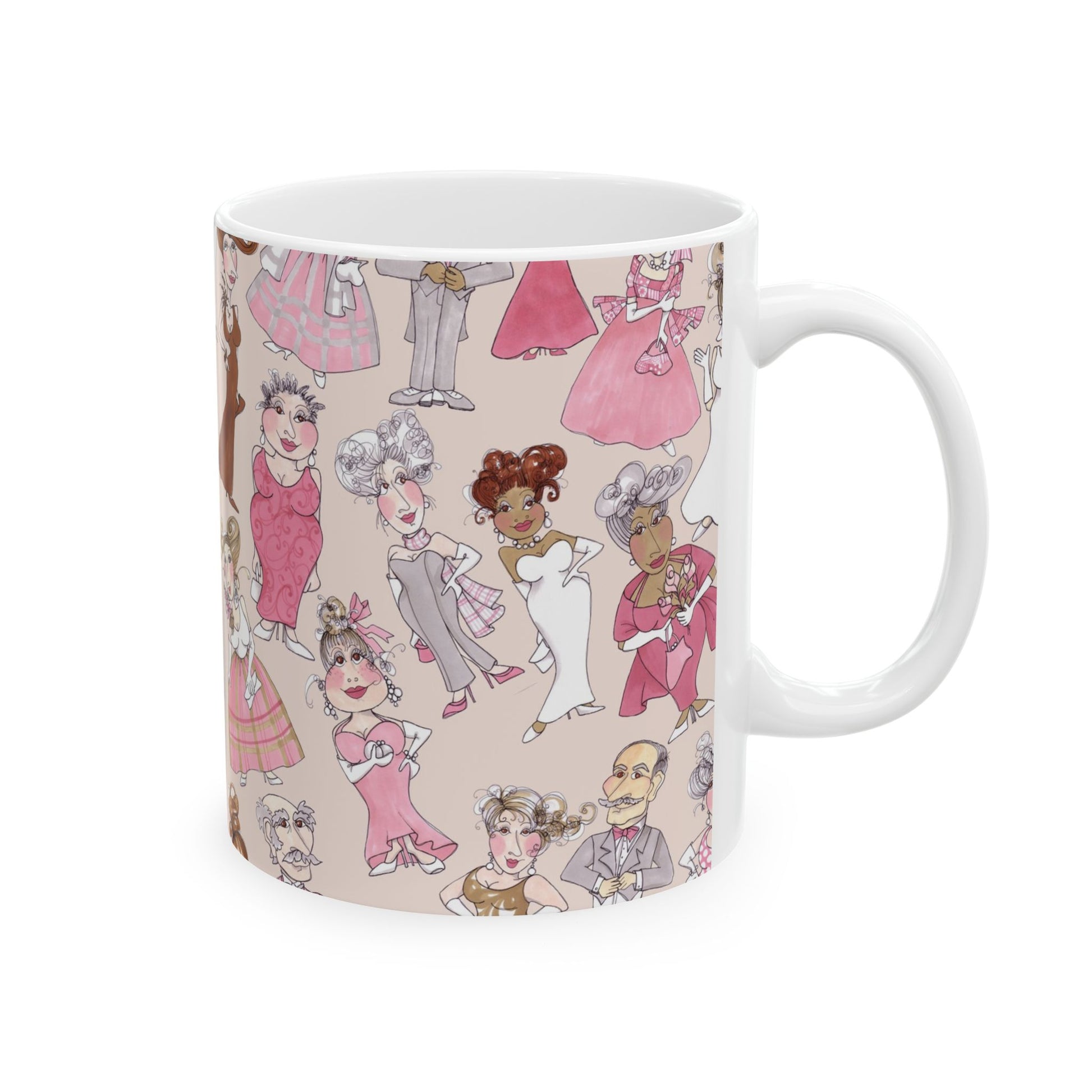 White mug with a cartoon pattern of people in pink and white outfits on a light beige background.