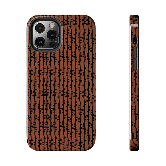 Brown phone case with black abstract vertical lines and dots, shown from back and side views.