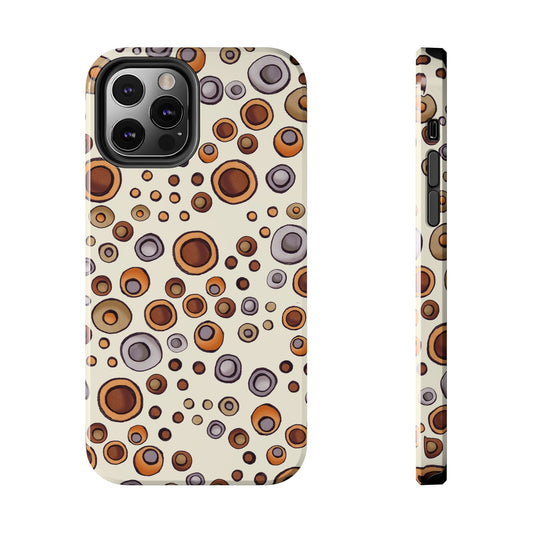 Phone case with brown and gray concentric circles on a cream background, shown front and side.
