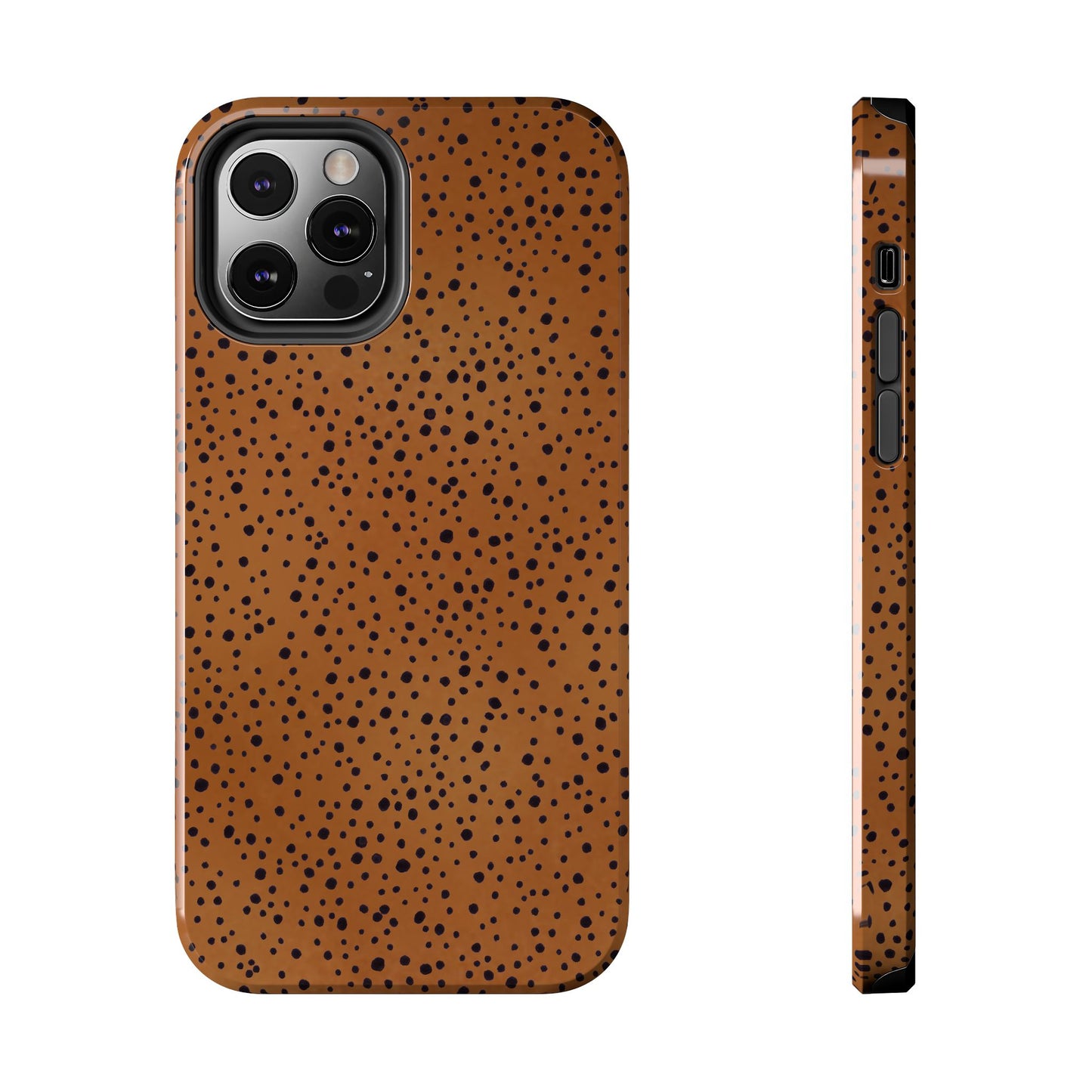 Brown phone case with black speckles. Dual view: back and side showing buttons.