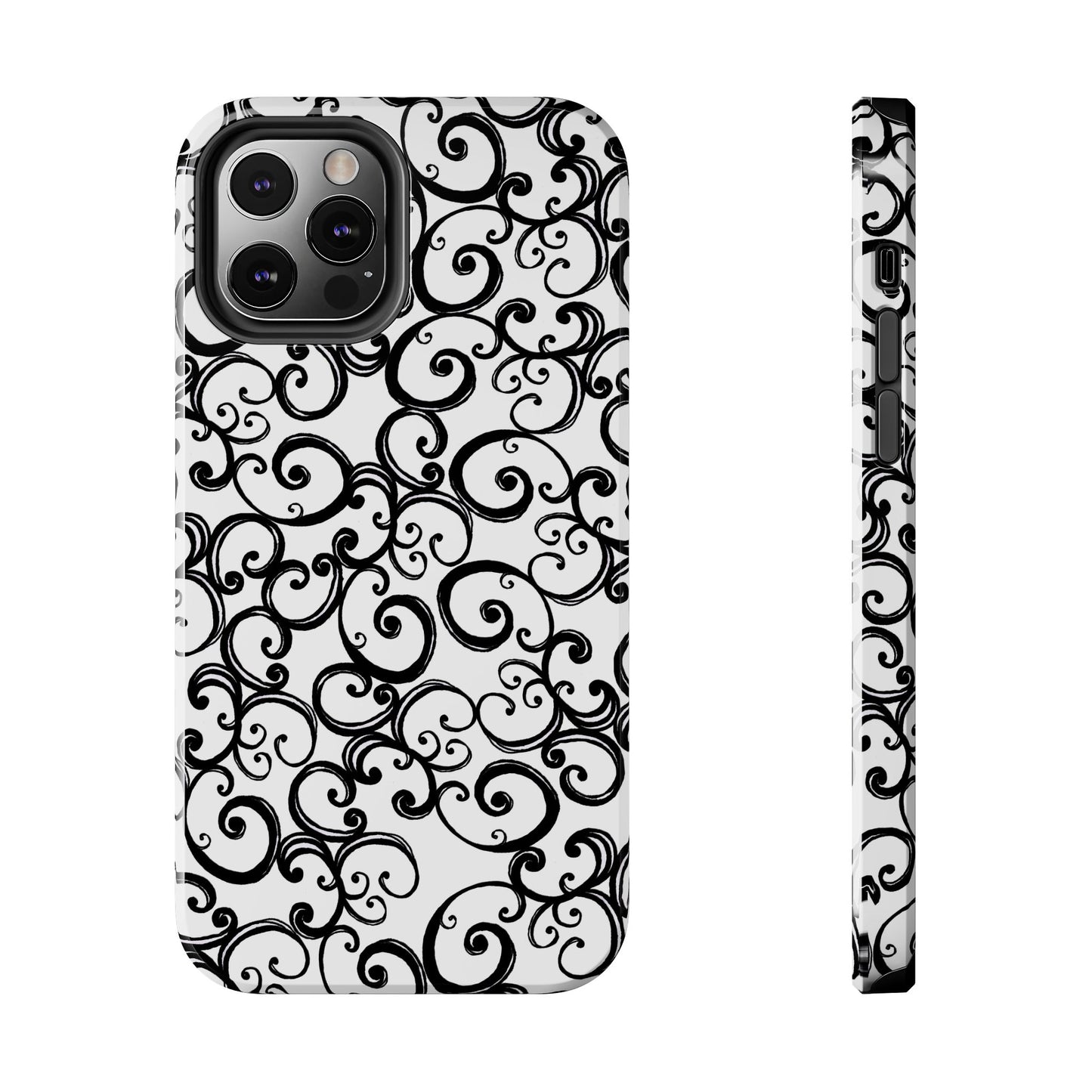 Black swirls on a white phone case, shown from front and side views.