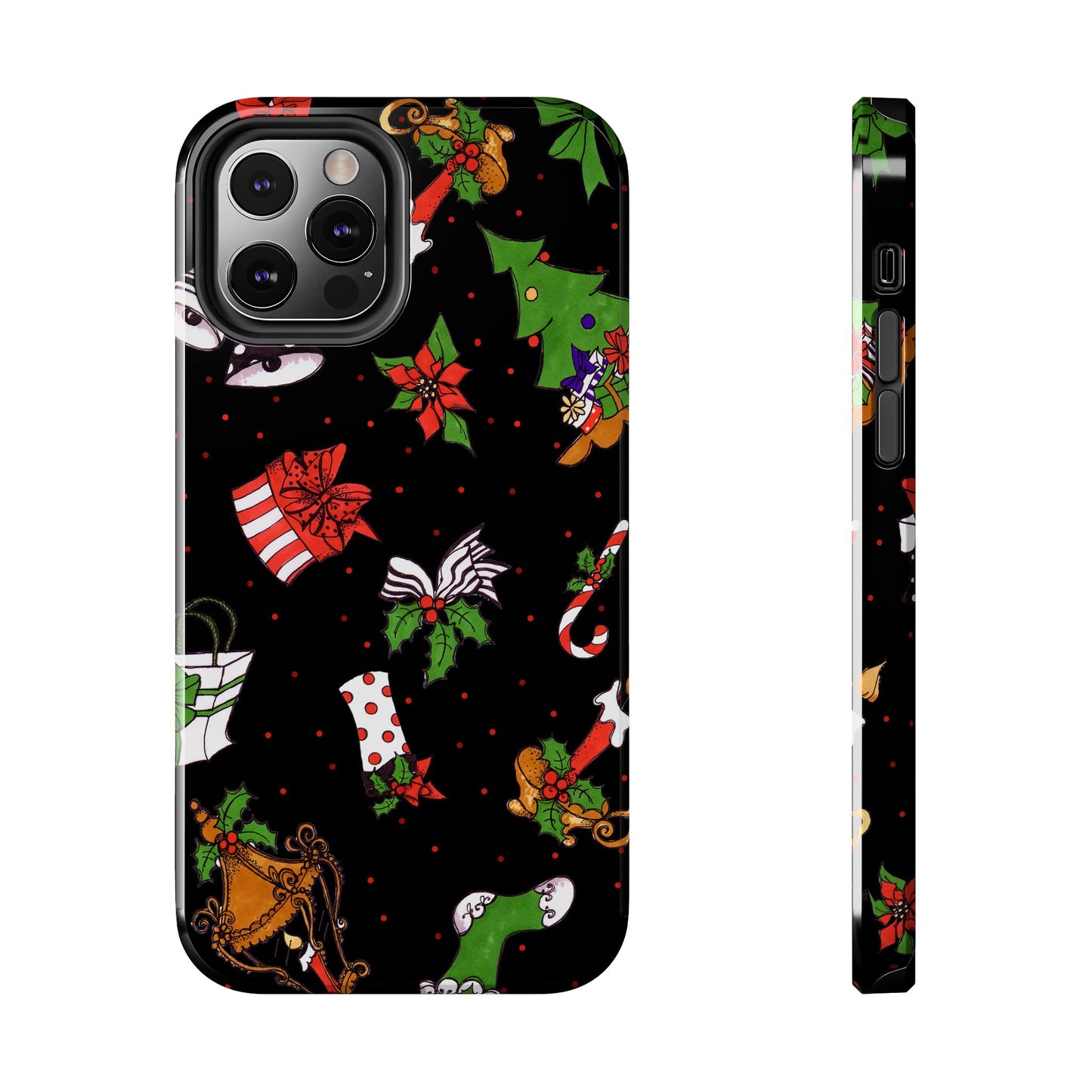 Black phone case with colorful Christmas motifs: gifts, stockings, holly, and candy canes.