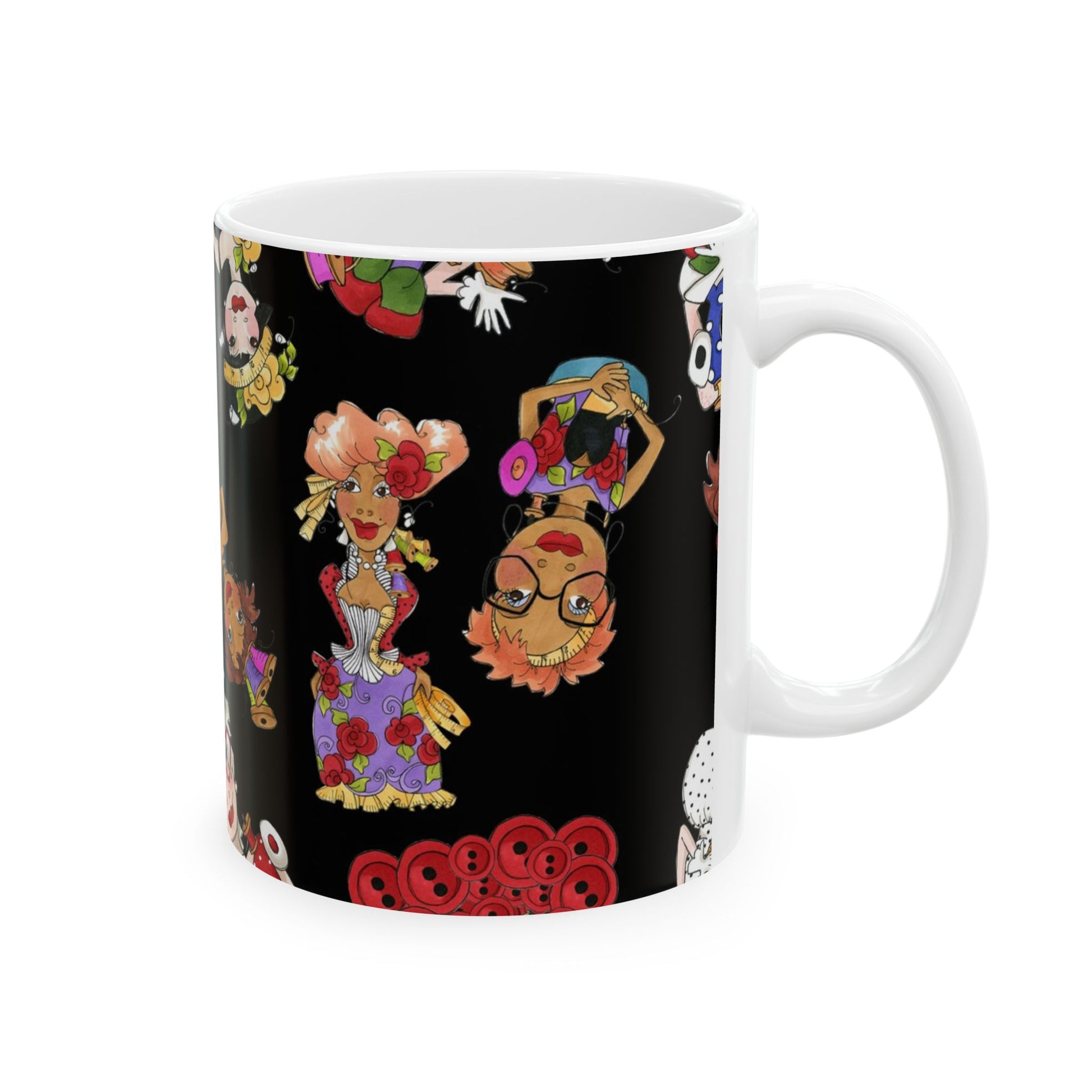 White mug with colorful cartoon characters and patterns on a black background.