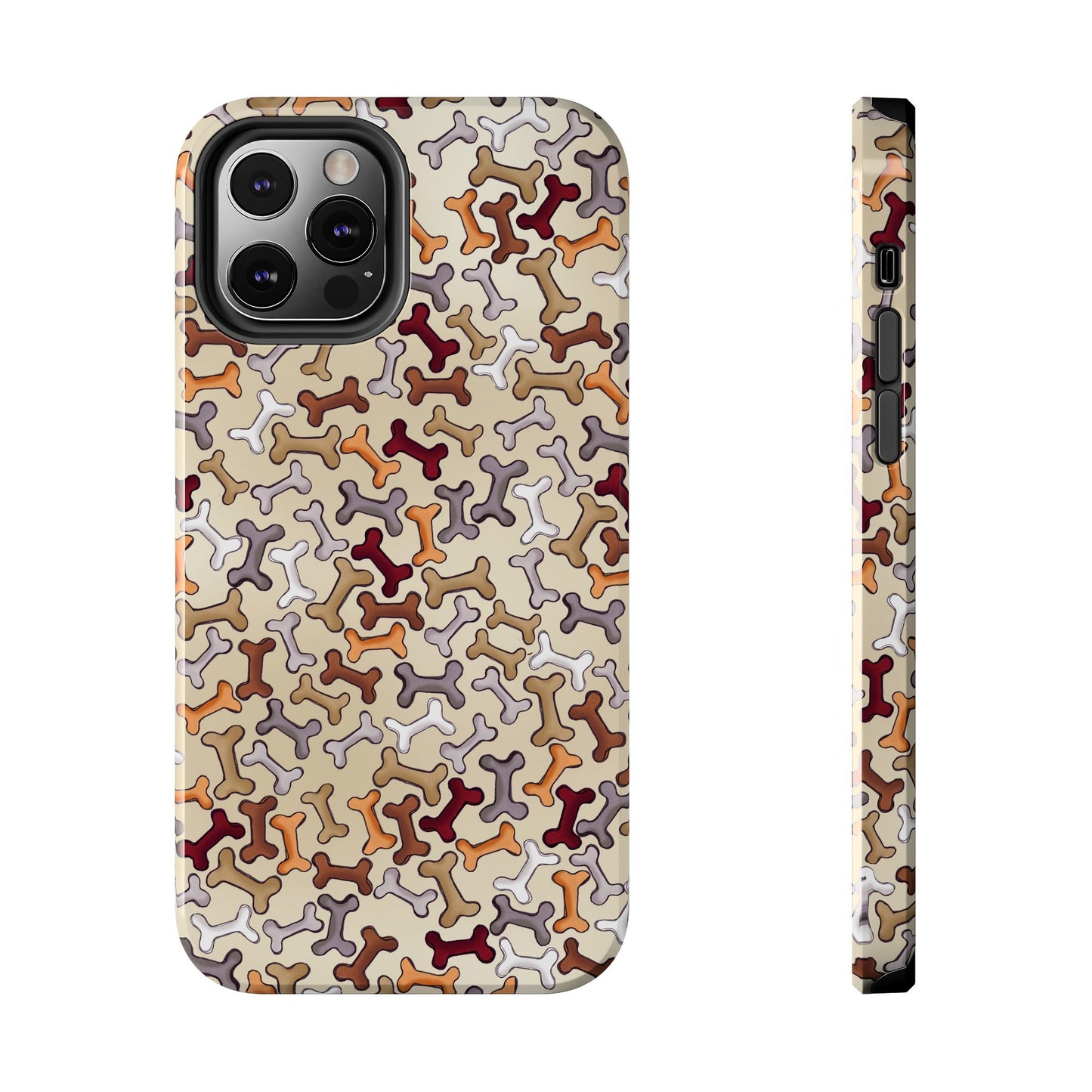 Phone case with a multicolored bone pattern on a beige background, viewed from front and side.
