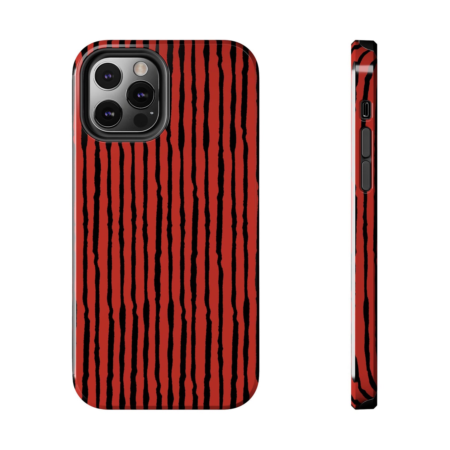Red phone case with black vertical stripes, shown from back and side views.