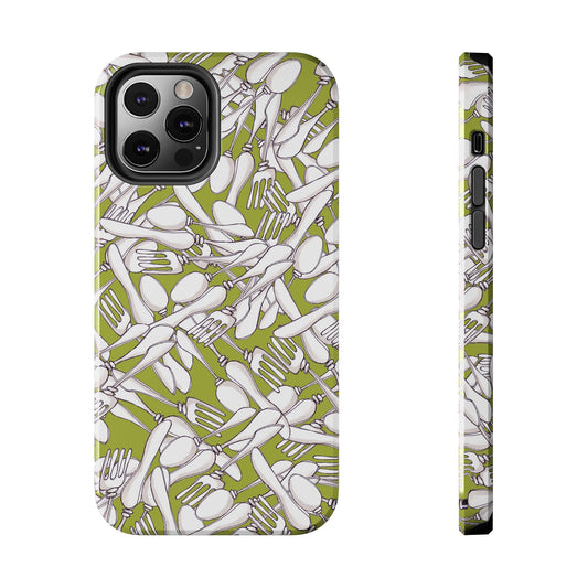 Phone case with overlapping white utensils on a green background, showing a fork, knife, spoon pattern.