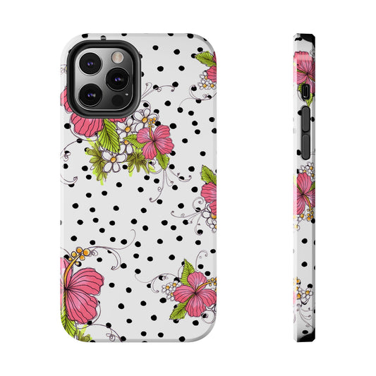 White phone case with black polka dots, pink flowers, and green leaves.