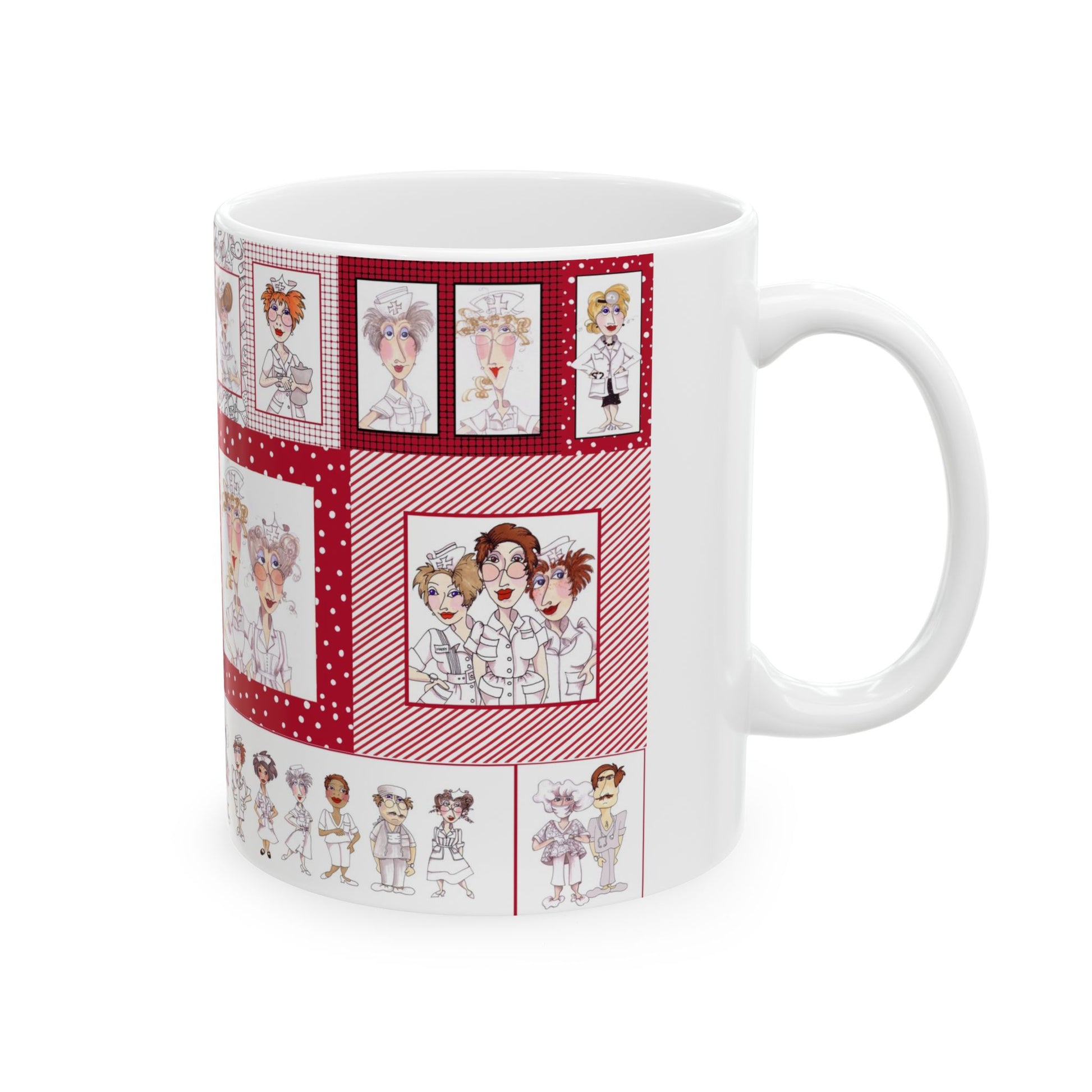 White mug with red panels featuring cartoon nurses in various poses and expressions.