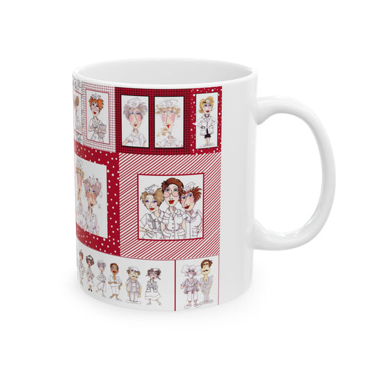 White mug with red panels featuring cartoon nurses in various poses and expressions.