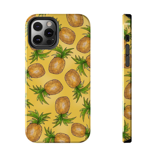 Yellow phone case with a pattern of illustrated pineapples and green leaves.