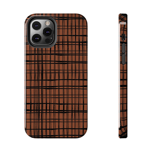 Brown phone case with a black plaid pattern, shown from back and side view.