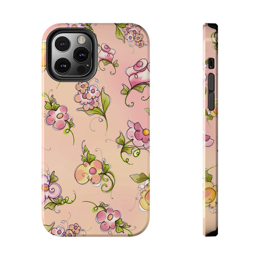 Pink phone case with colorful floral pattern, featuring green leaves and whimsical flowers.