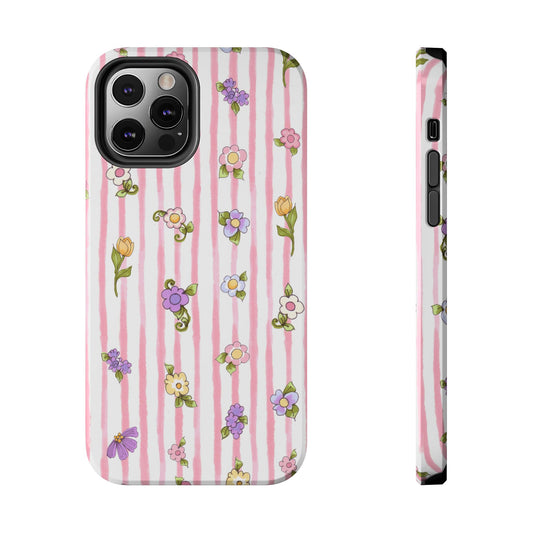 Phone case with pink stripes and colorful floral patterns in purple, yellow, and green.