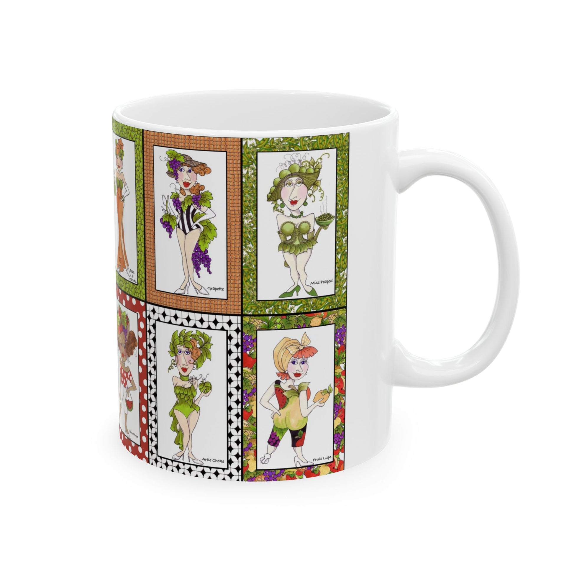 White mug with colorful, whimsical illustrations of women in various outfits and framed designs.