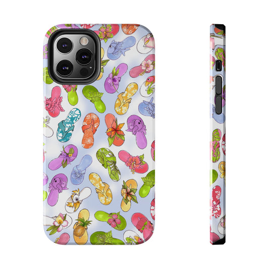 Colorful phone case with tropical flip-flops and flowers on a light blue background, side view included.