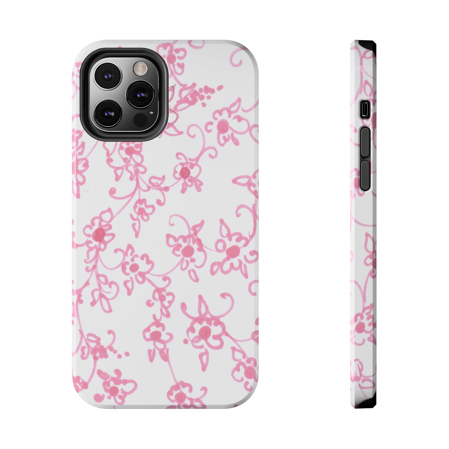 White phone case with pink floral pattern, side buttons visible.