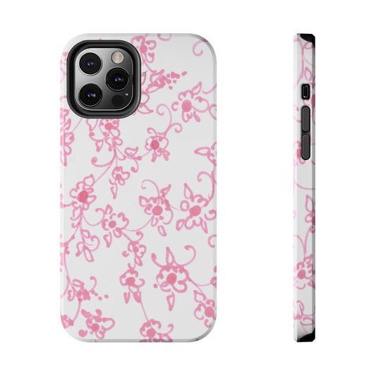White phone case with pink floral pattern, side buttons visible.
