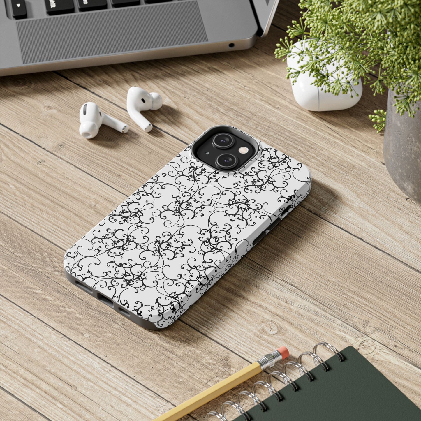 Elegant Scroll White / Black Phone Case