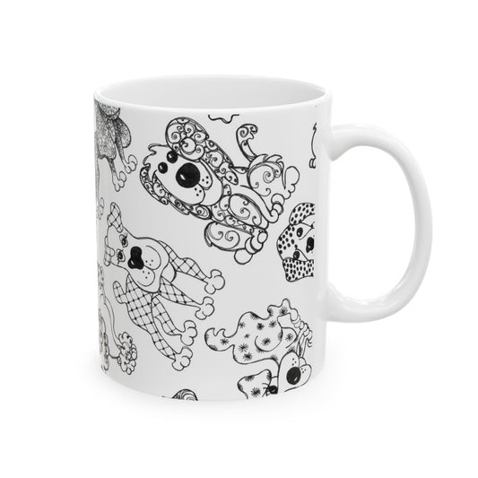 White mug with black intricate dog illustrations, featuring various patterns and designs.