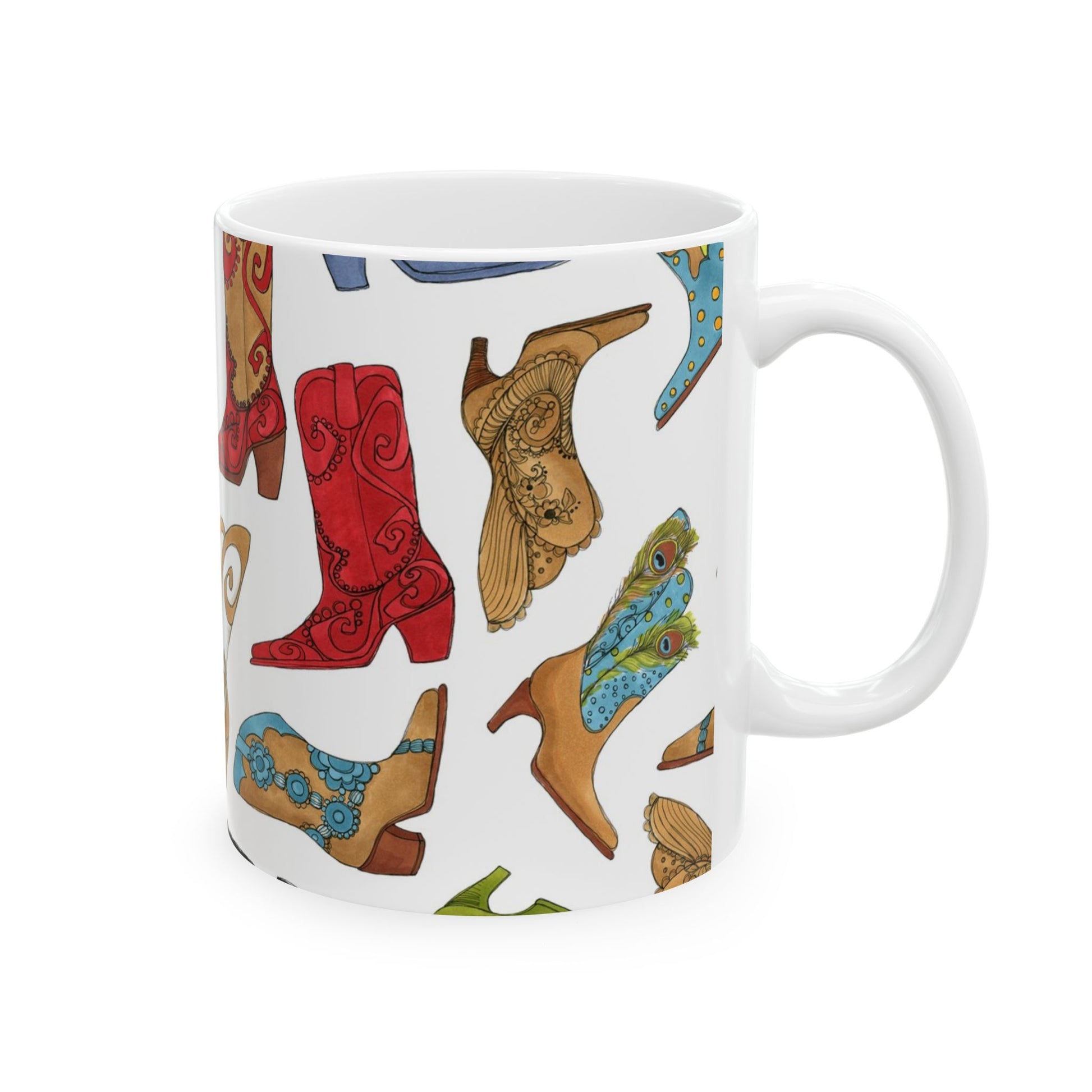 White mug with colorful cowboy boot illustrations, featuring red, brown, and blue designs.