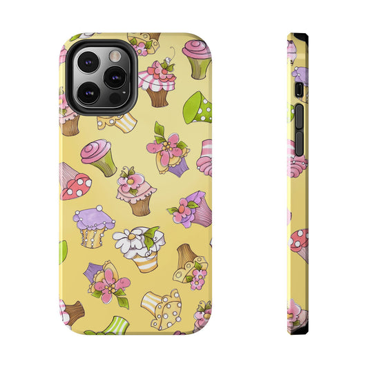 Yellow phone case with colorful cupcake and floral patterns in pink, green, and purple.