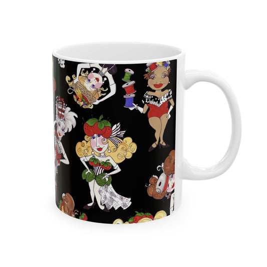 White mug with colorful cartoon characters and black background.