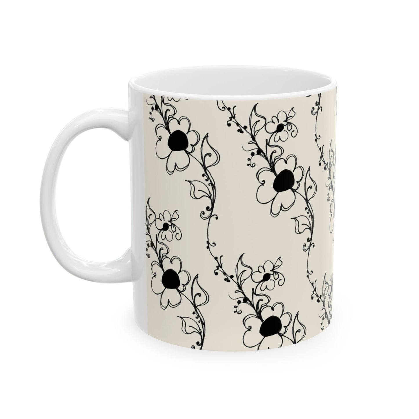 Diagonal Daisies Ivory / Black Cup