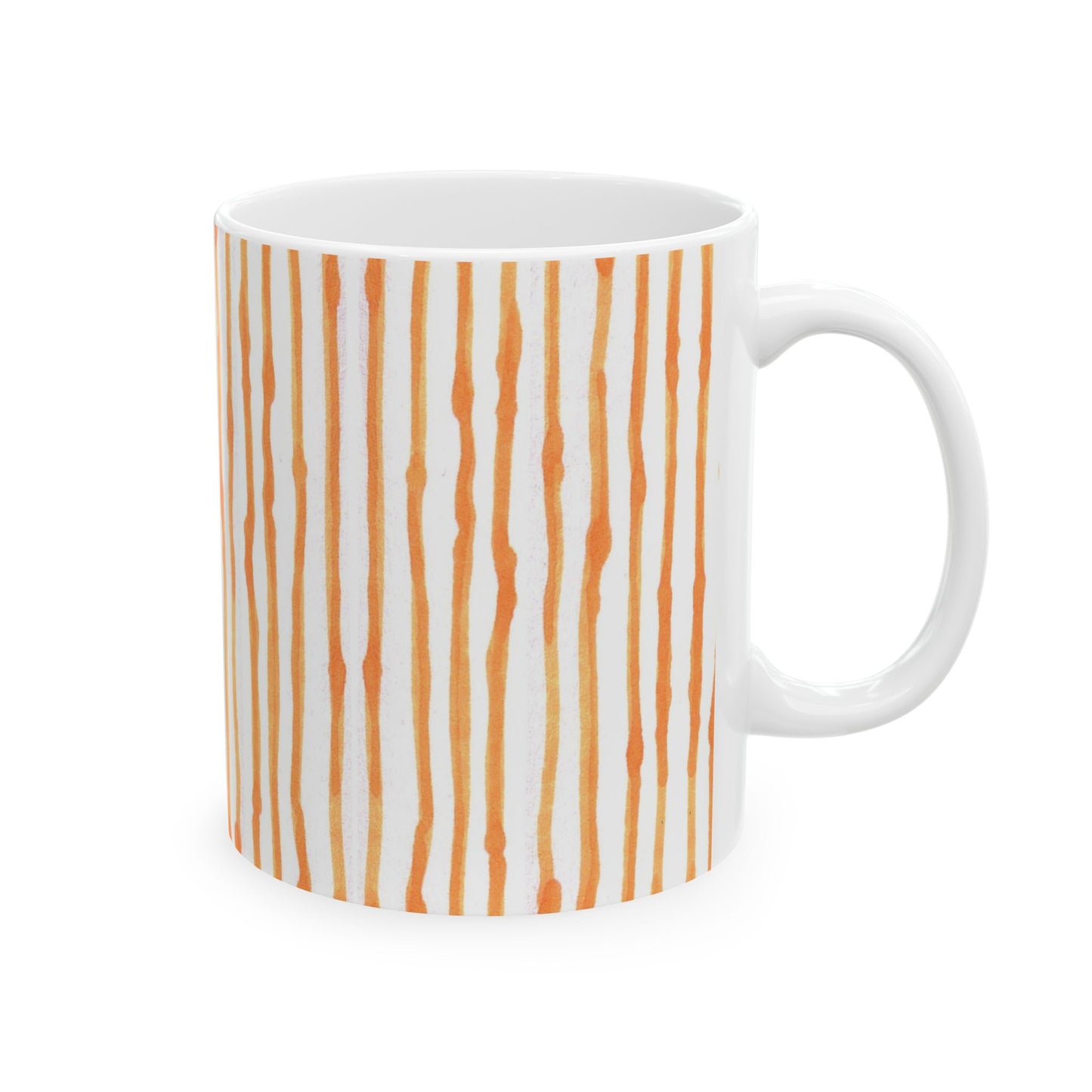 White mug with vertical orange, wavy lines forming a striped pattern.