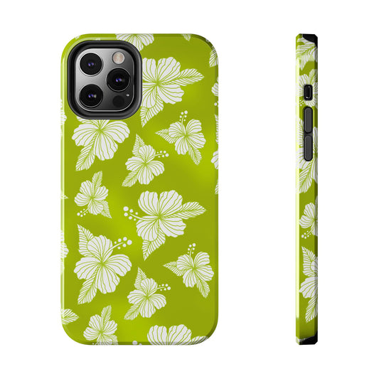 Green phone case with white hibiscus flower pattern, showcasing rear and side views.